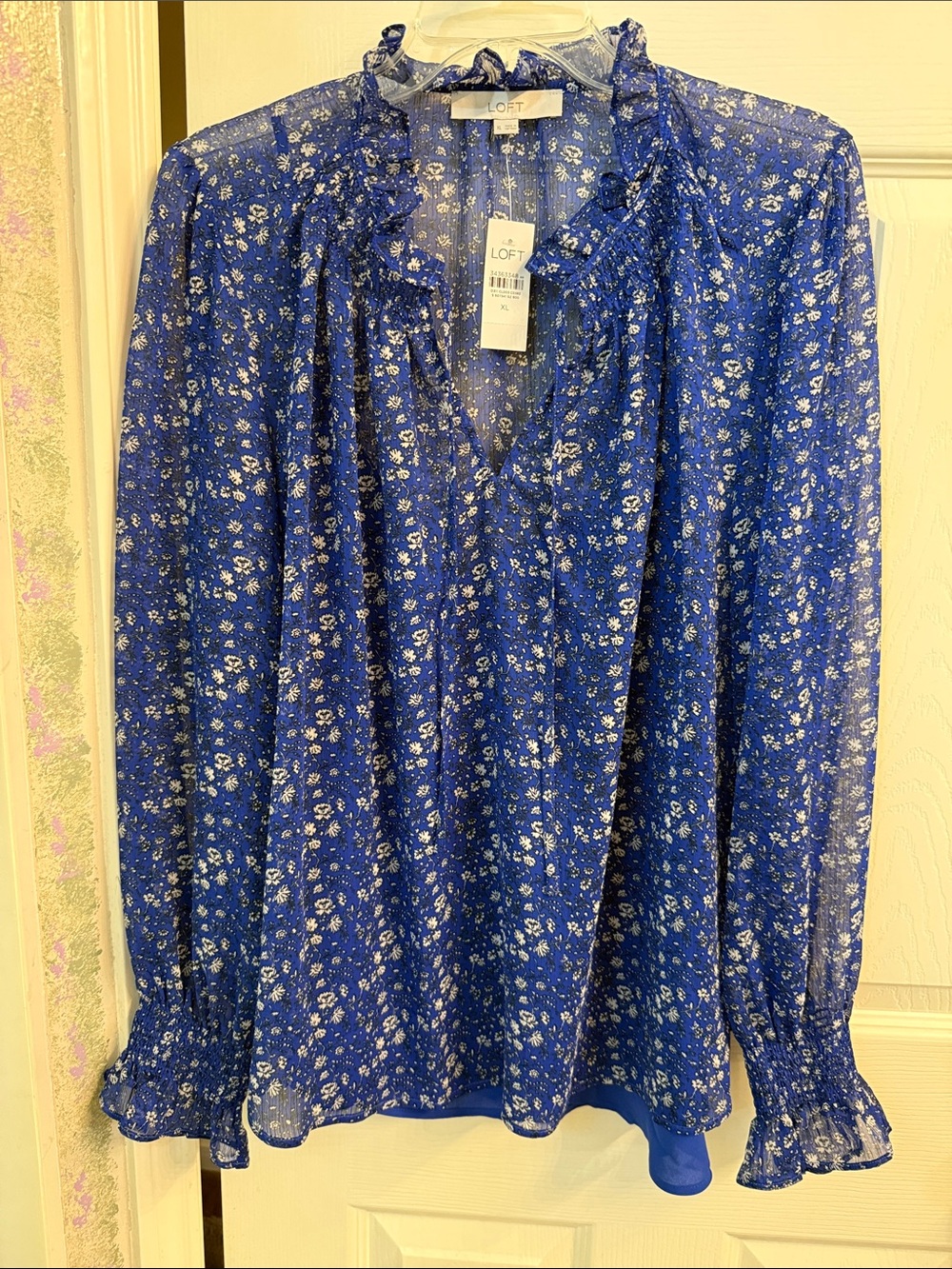 LOFT Royal Blue Floral Ruffle V-Neck Blouse